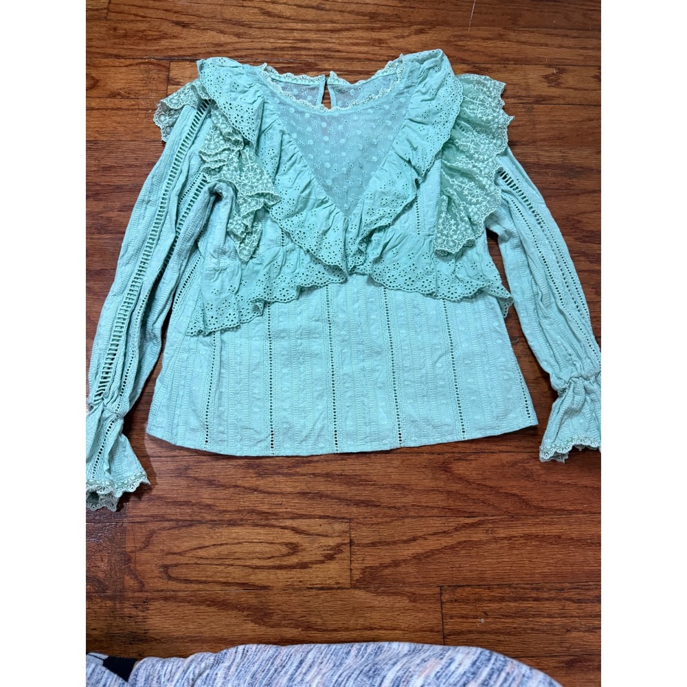 Teal  Eyelet Ruffle Lace Blouse Long Sleeve coquette, fairy top size medium